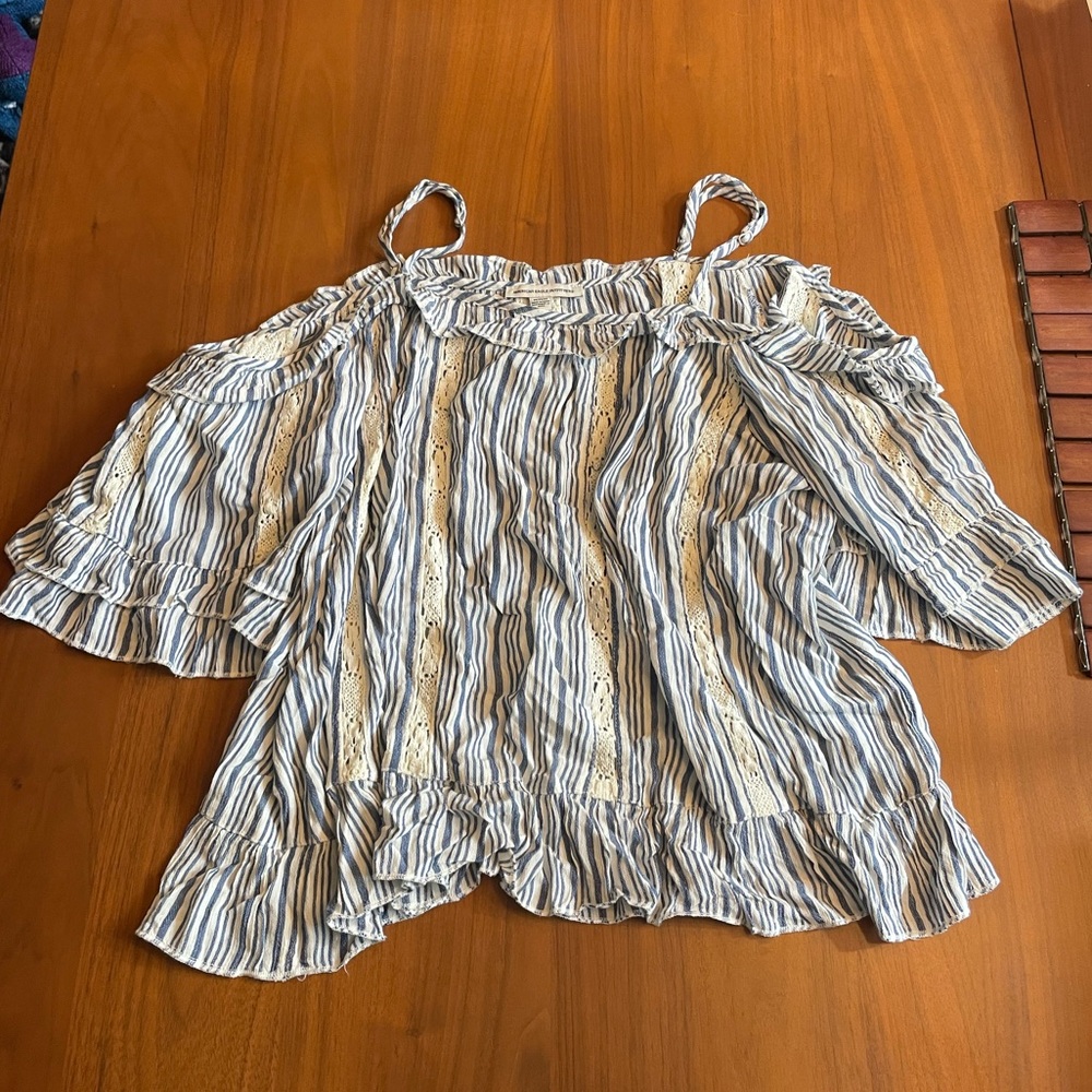 American Eagle off shoulder white striped lace top